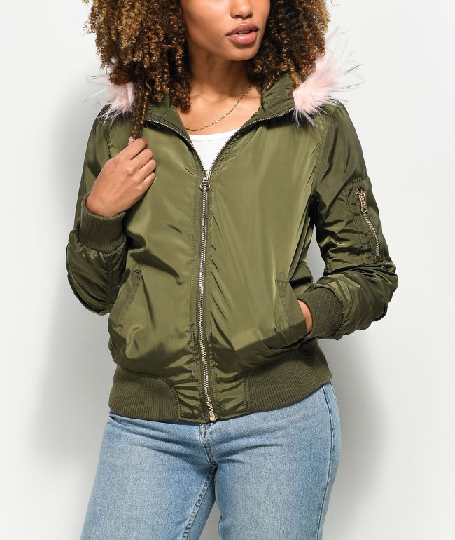 fur detail hooded bomber jacket