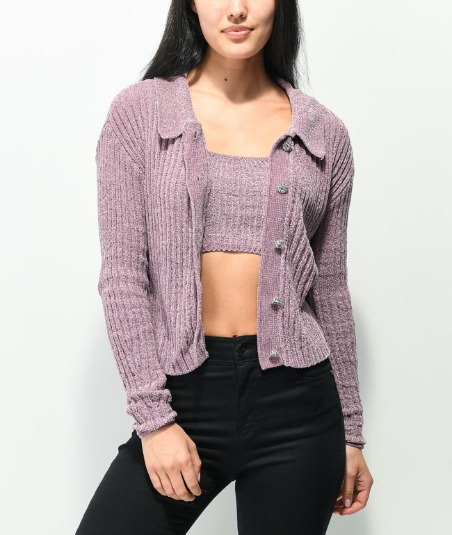 Belldini Mauve Chenille Cardigan Crop Sweater