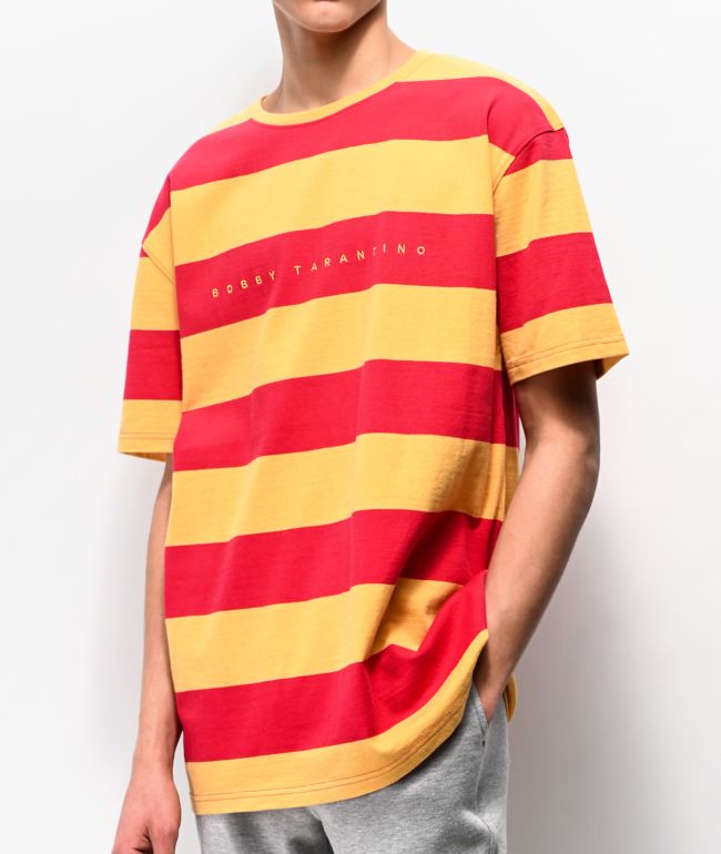 red and yellow striped shirt