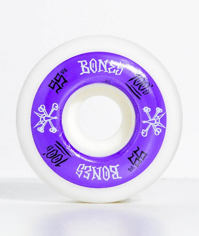 Bones 100 Ringers 55mm Pure White & Purple Skateboard Wheels