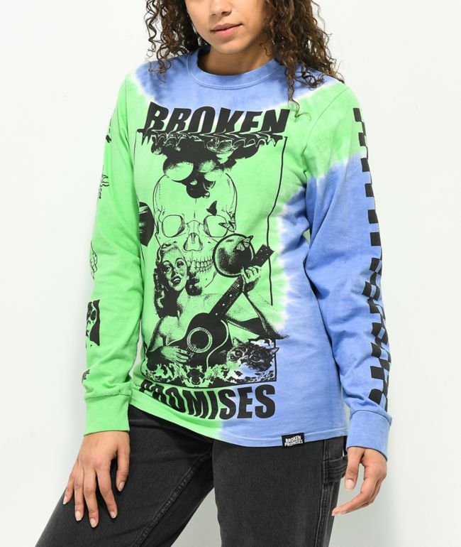 Broken Promises Acoustics Camiseta color verde y morado con líneas tie dye de manga larga