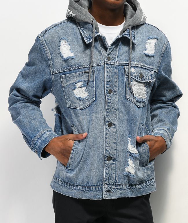 jean jacket with grey hood