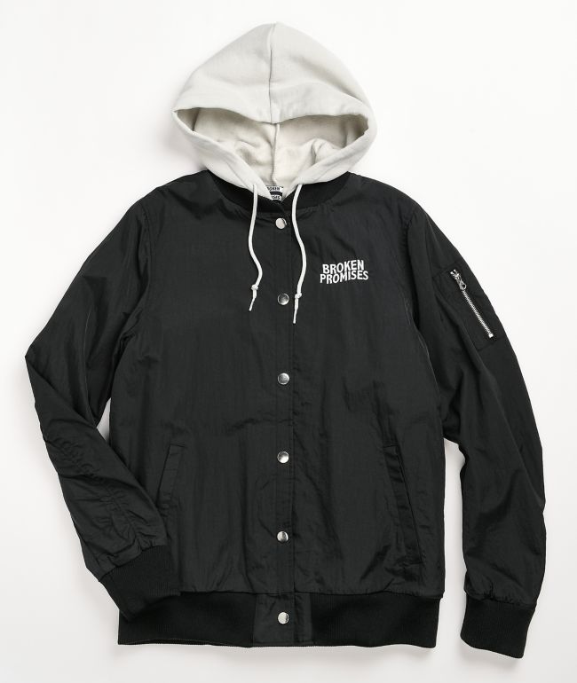 Broken Promises Wave Logo Black Hooded Bomber Jacket