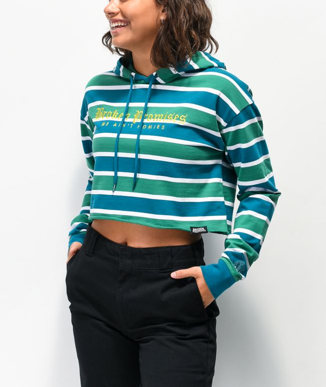 Broken Promises We Ain't Homies Green u0026 Teal Stripe Crop Hoodie