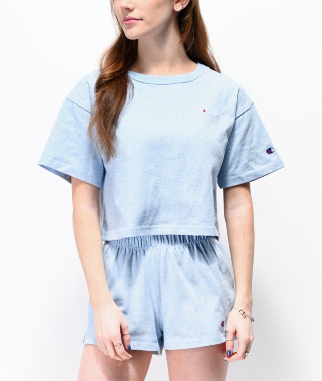 blue cropped champion shirt