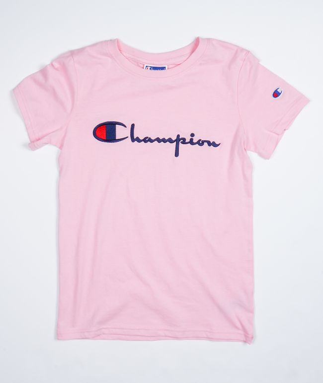 Champion Boys Heritage Script Pink & Navy T-Shirt