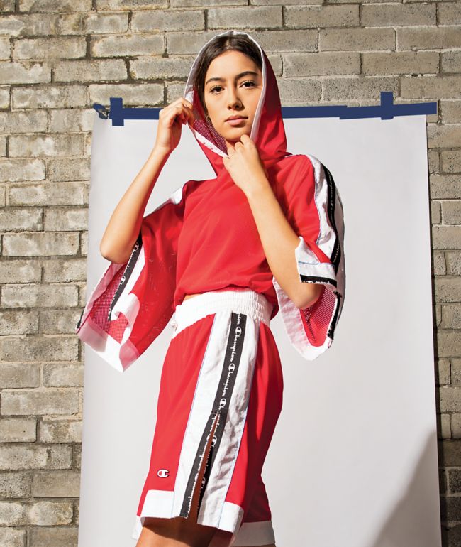 Champion Mesh Red White Crop Hoodie Zumiez