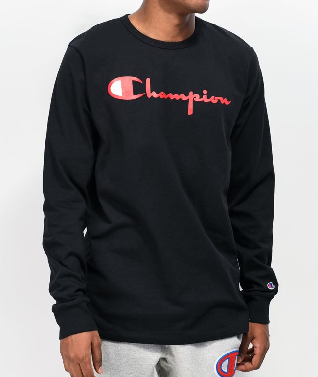 Champion Reverse Weave Heritage Script Black & Red Long Sleeve T-Shirt