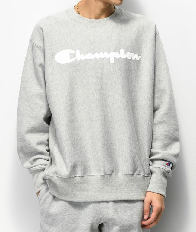 Champion Reverse Weave Mesh Leather Logo Oxford Grey Crew Neck Sweatshirt Zumiez