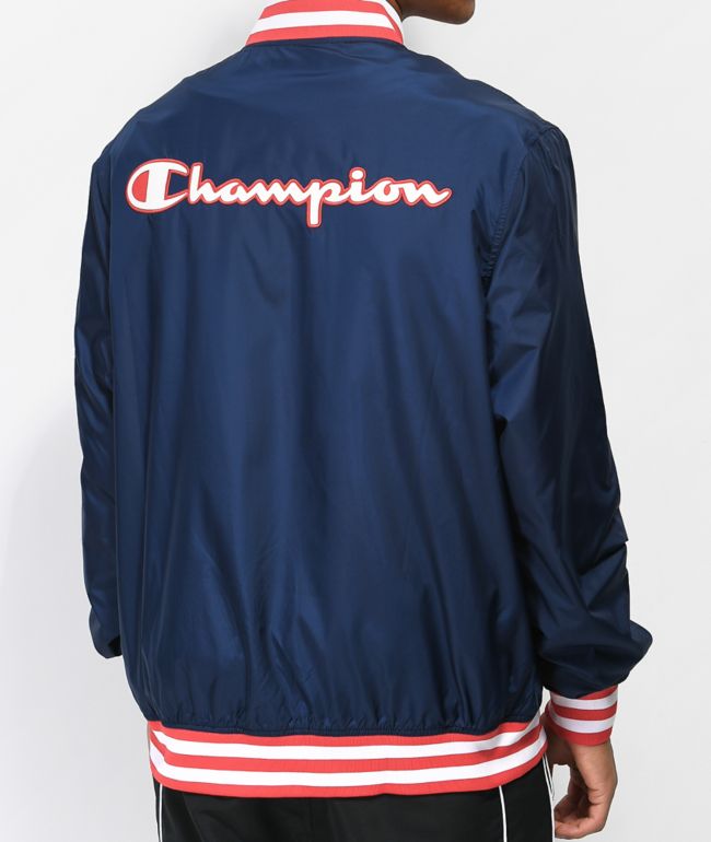 champion satin navy baseball jacket