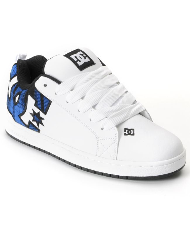 white and blue dc shoes