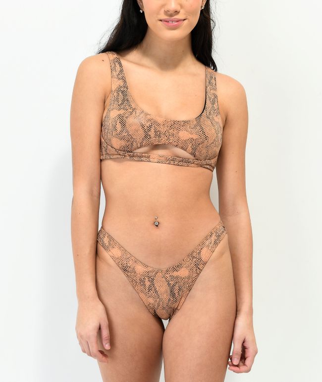 Damsel Ana braguita de bikini de pierna alta marrón de piel de serpiente