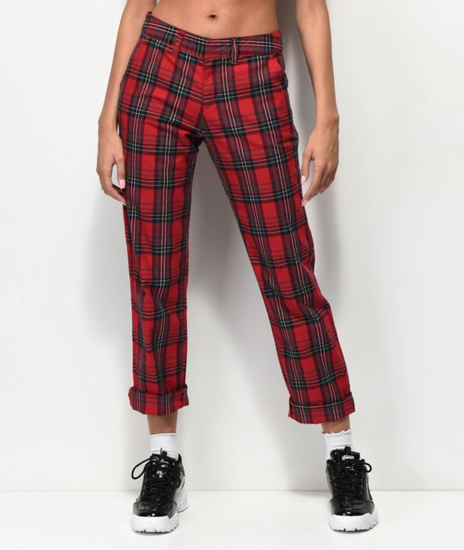 red and black plaid jeans