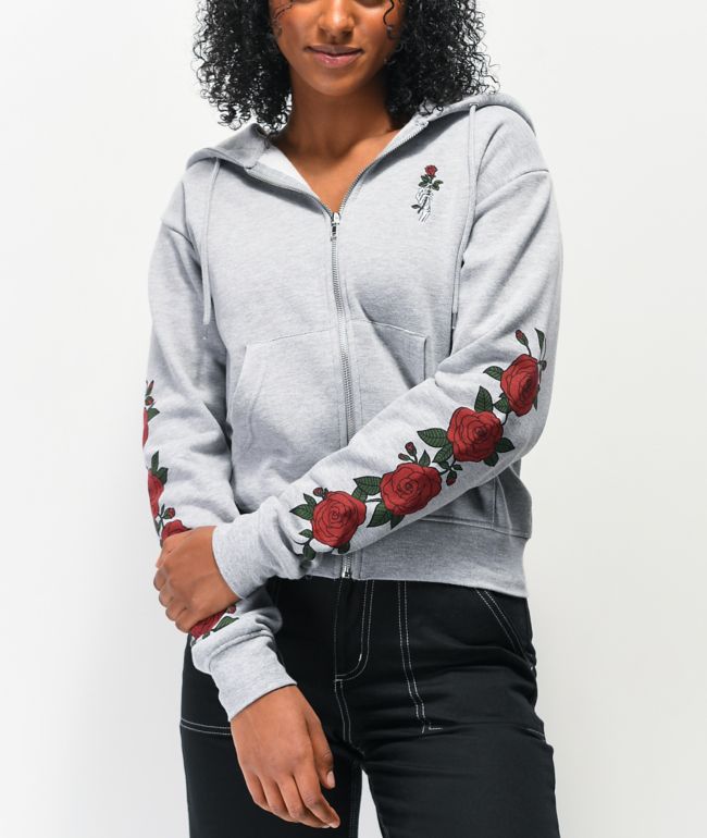 grey hoodie with roses