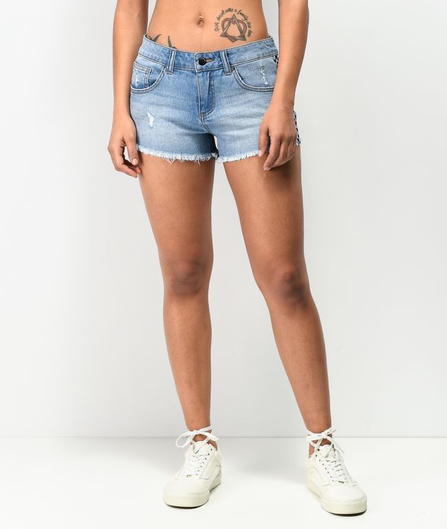 Empyre Jenna Checkered Stripe Light Wash Denim Shorts