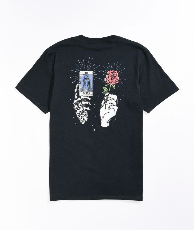 black shirt with skeleton hands
