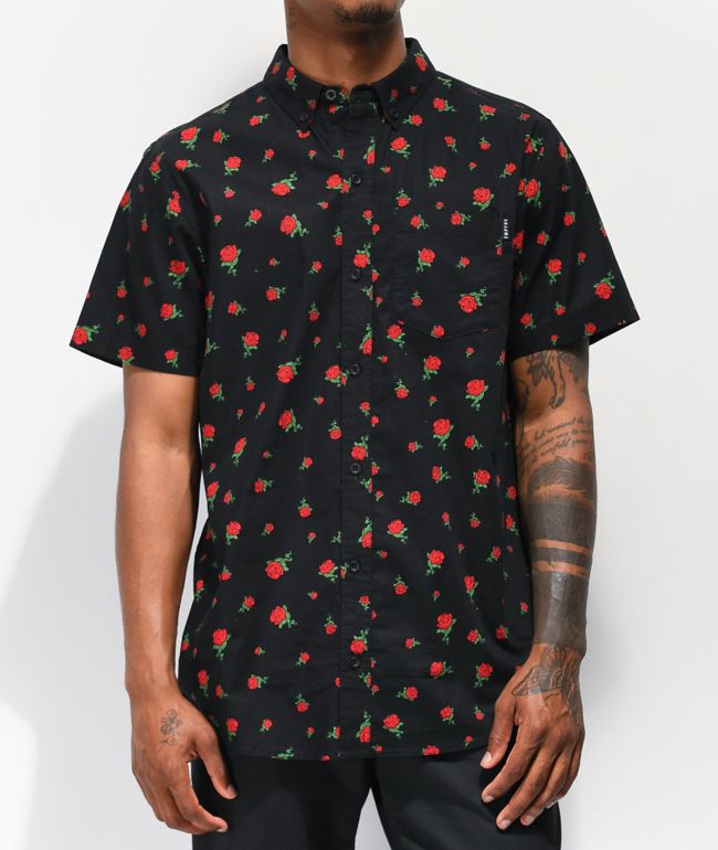 Empyre Rose Thorns Black Woven Short Button up Shirt