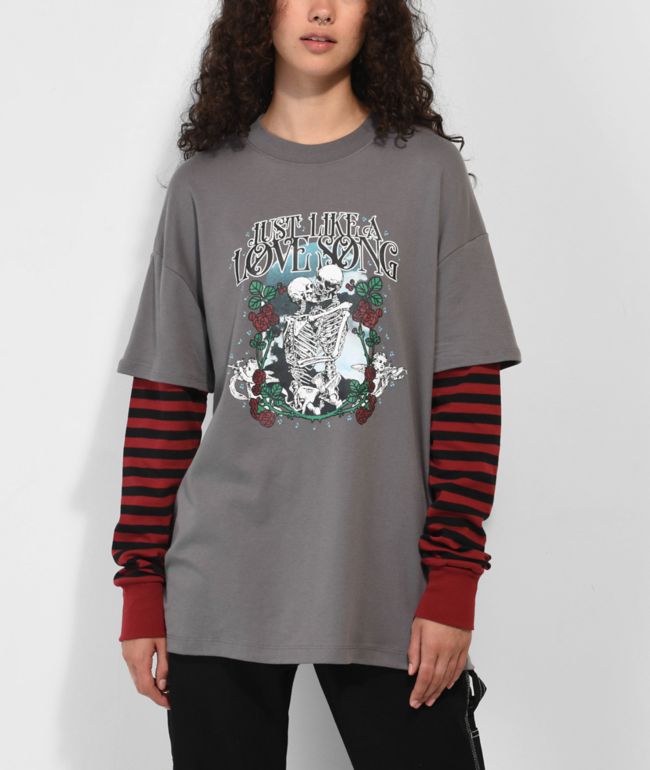 Empyre Roxie Love Song Grey & Red Layered Long Sleeve T-Shirt