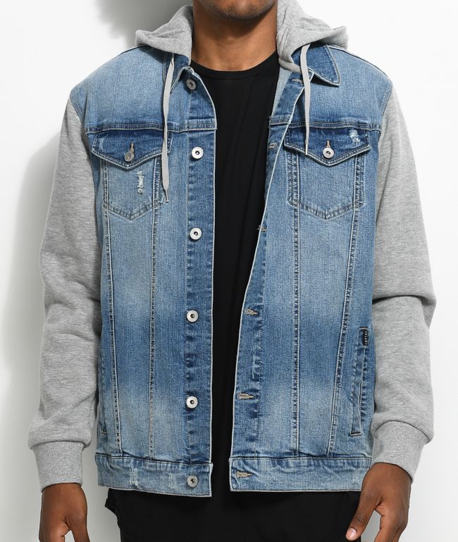 denim jacket with grey sleeves and hood