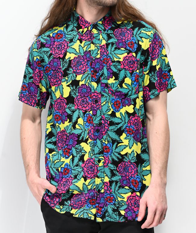 Empyre camisa tejida de manga corta floral en negro, amarillo y azul