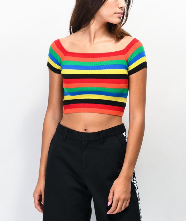 Shoulder Rainbow Knit Crop Top