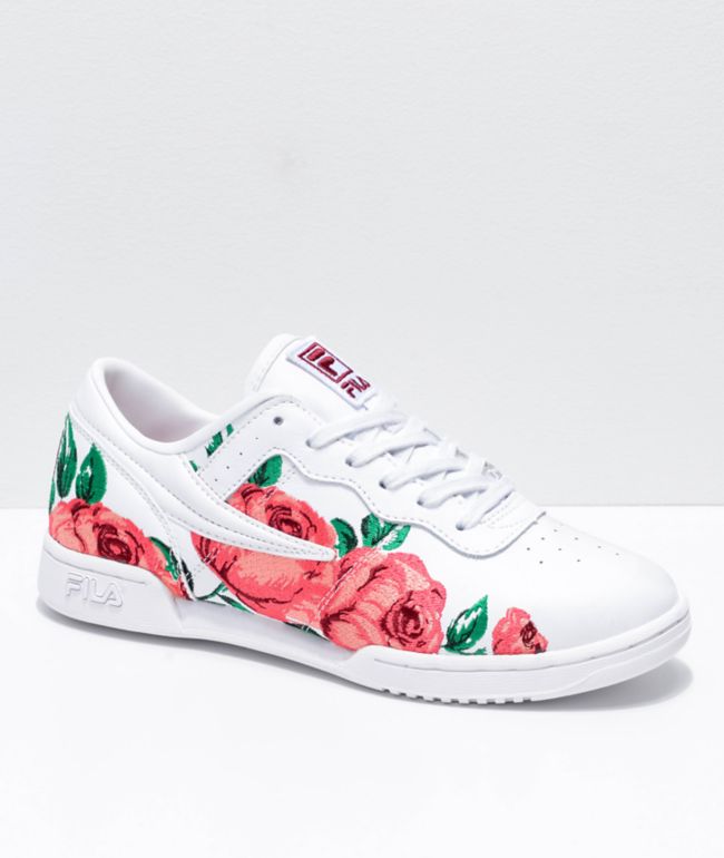 pink fila shoes with flowers