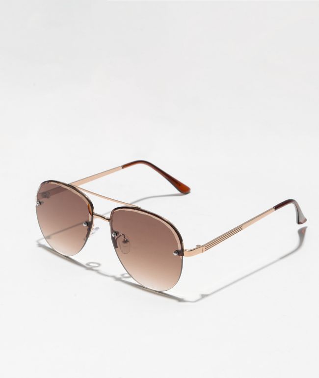 Frameless Brown & Gold Aviator Sunglasses