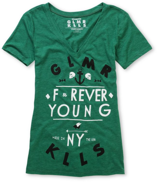 Glamour Kills Forever Young Green VNeck TShirt Zumiez
