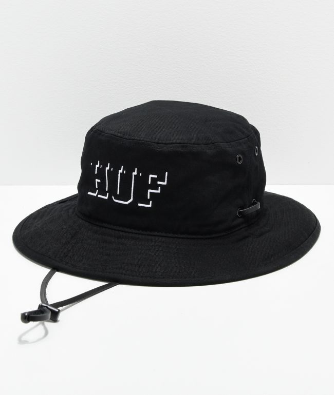 black bucket hat with drawstring