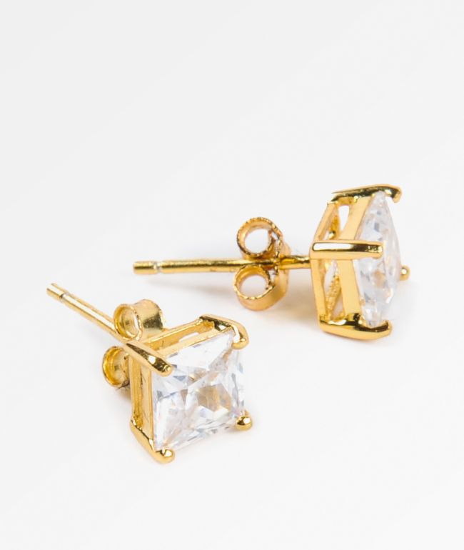 King Ice 6mm Gold & Clear Princess Cut Earrings 