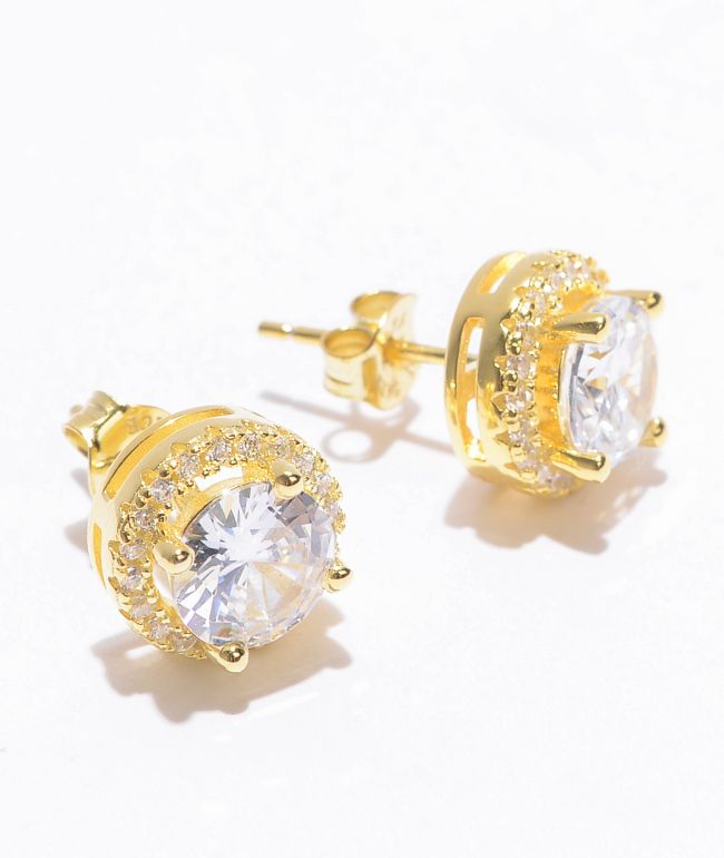 King Ice Iced Round Frame Gold Stud Earrings