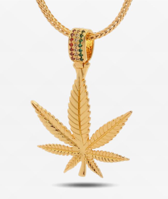 King Ice Weed Leaf 20" Gold Chain Necklace