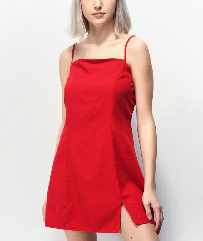red linen mini dress