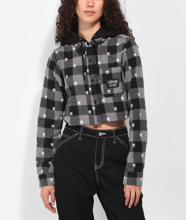 Lurking Class by Sketchy Tank Spider Black Crop Hooded Flannel Shirt