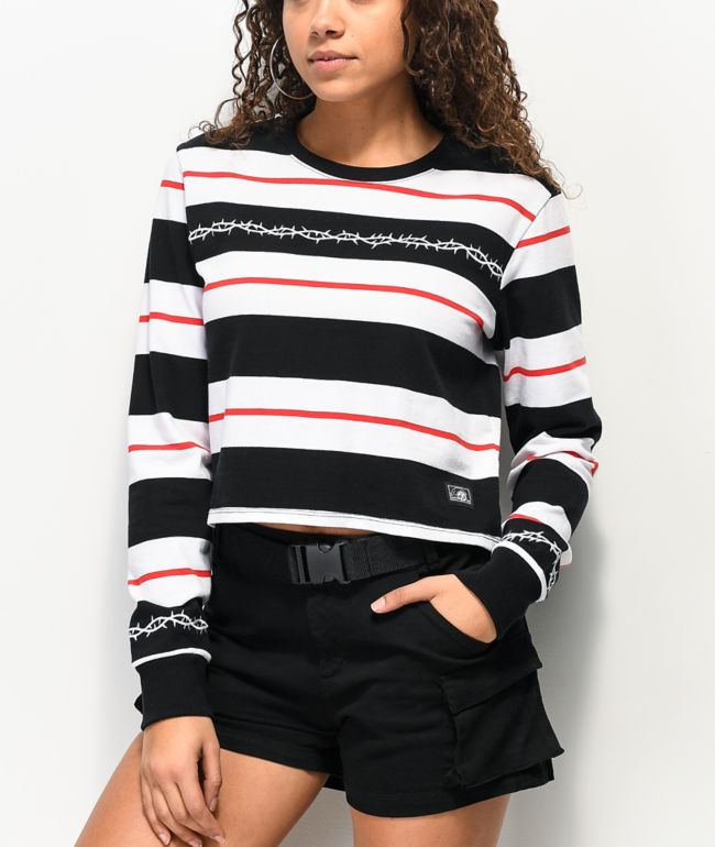 Lurking Class by Sketchy Tank Thorns Black & White Stripe Crop Long Sleeve T-Shirt