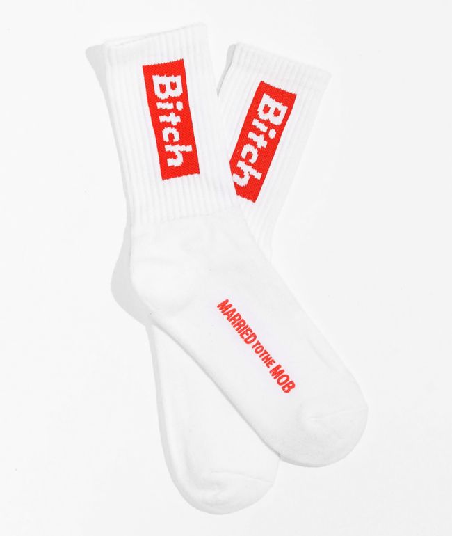 Married to the Mob Bitch In A Box White Crew Socks 