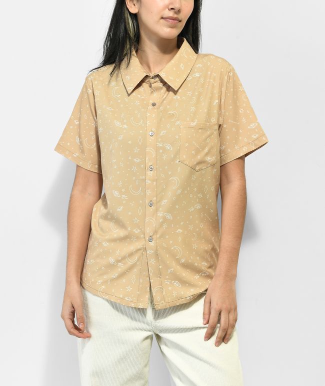 Melodie I Need Space Natural Short Sleeve Button Up Shirt