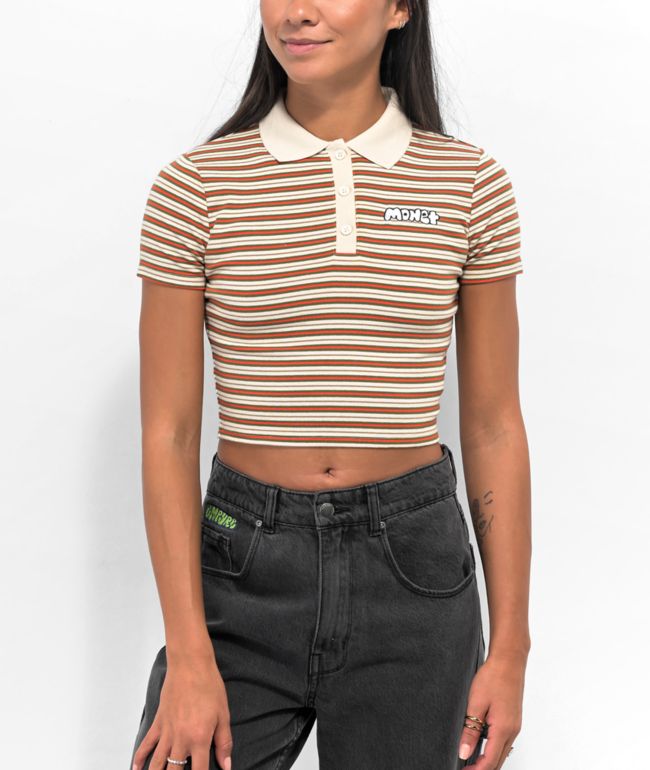 Monet Madina Brown Striped Crop Polo Shirt