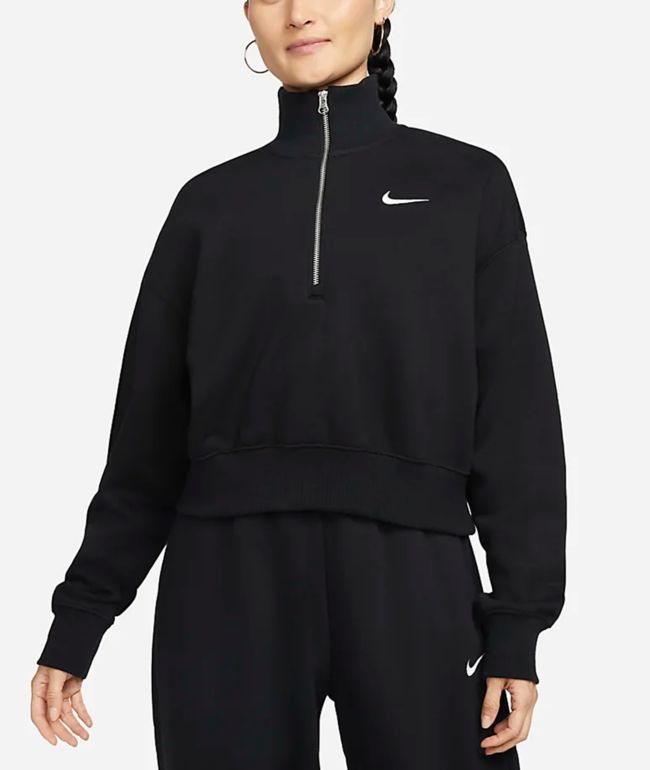 pensión hecho Y Nike Sportswear Phoenix sudadera corta de polar negra con cremallera de un  cuarto
