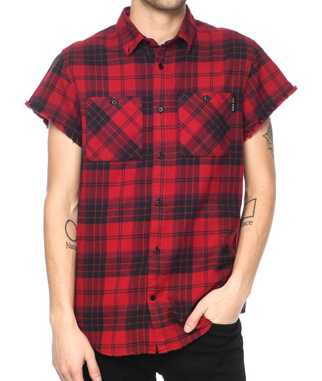 Ninth Hall Enzo Red Black Destroyed Short Sleeve Flannel Shirt Zumiez Ca