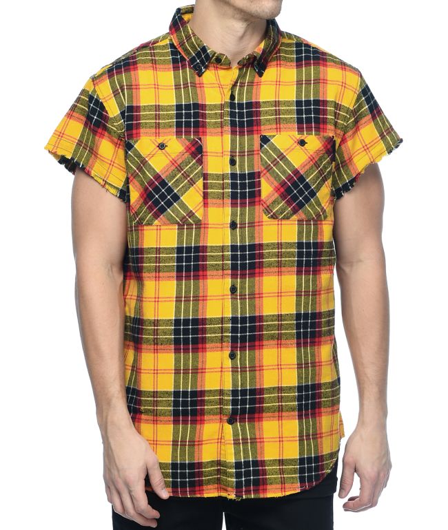 Ninth Hall Enzo Yellow Red Destroyed Short Sleeve Flannel Shirt Zumiez Ca
