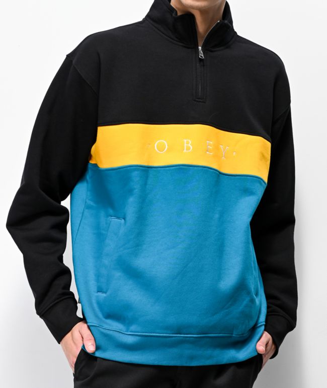 Obey Chelsea sudadera con media cremallera negra, amarilla y azul