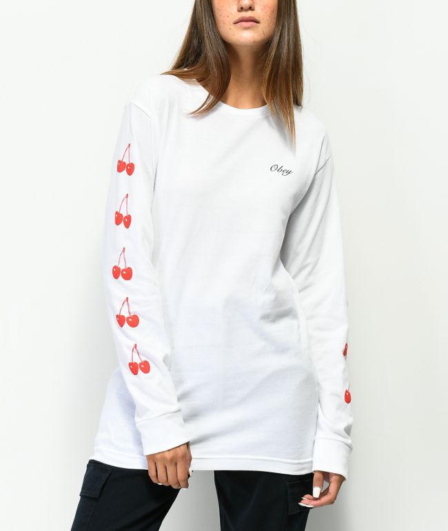Obey Cherry Script White Long Sleeve T Shirt