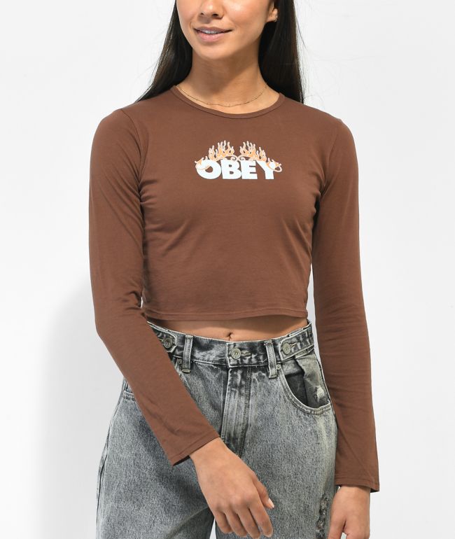 Obey Flames Brown Crop Long Sleeve T-Shirt