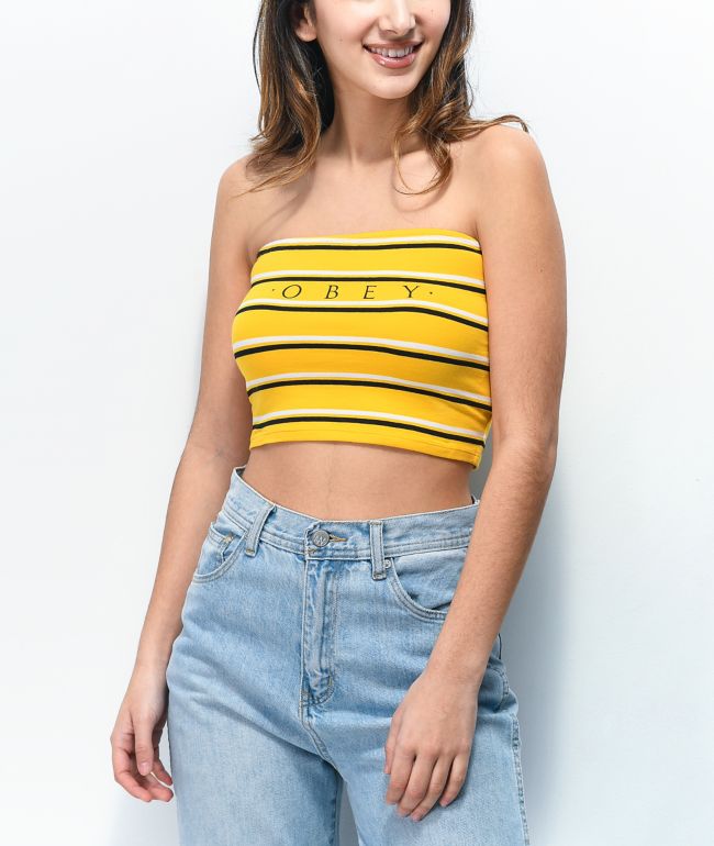 yellow strapless top