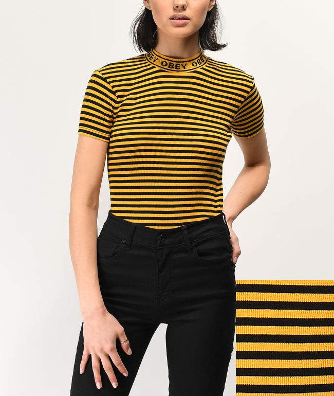 Obey Stripe Mock Neck Gold Black T Shirt Zumiez