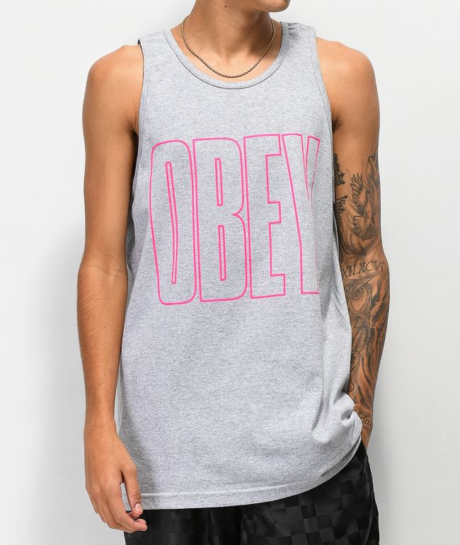 Obey STAR CROWN Heather Gray Red Graphic Star Logo Discounted Men's Tank Top