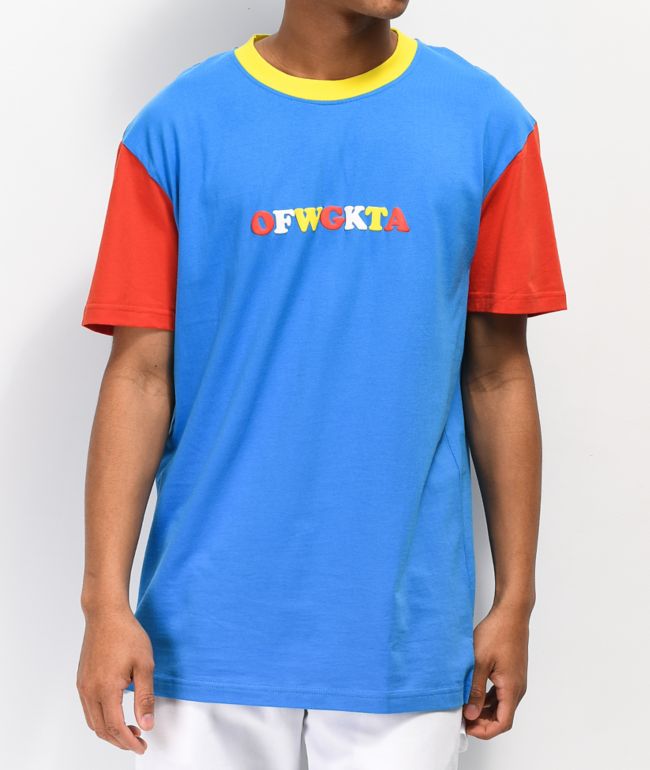 blue red and yellow shirt