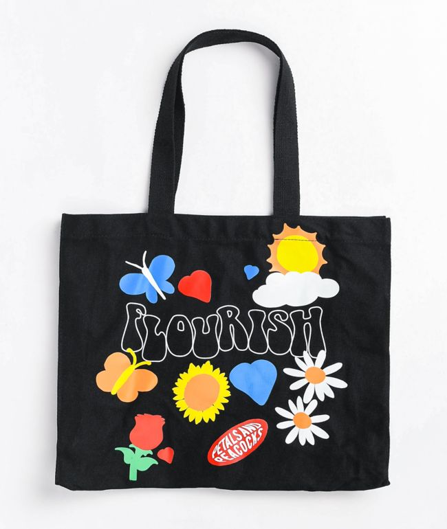 Petals and Peacocks Flourish Black Tote Bag