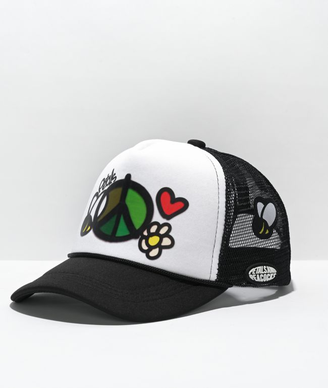 Petals and Peacocks Peace Airbrush Black & White Trucker Hat